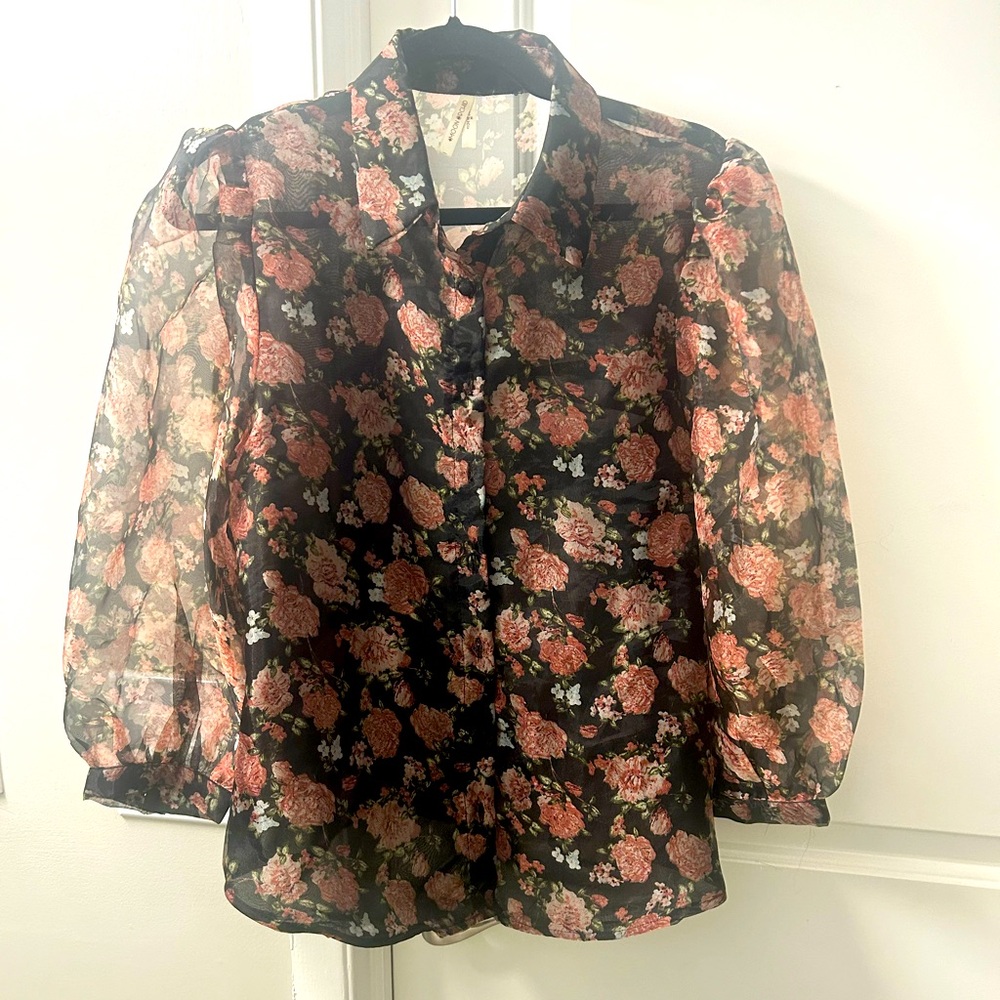 Moon Orchid Sheer Puff Sleeve Floral Blouse